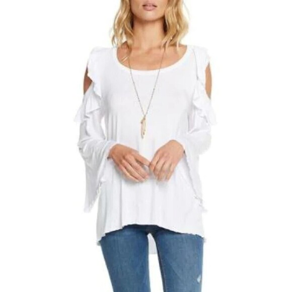 NWT CHASER White Bell Sleeve Cold Shoulder Ruffle Comfy Stretch Shirt Medium - Picture 1 of 6